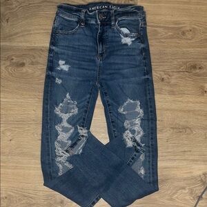 American Eagle Outfitters Blue Skinny Jeans with Distressed Details